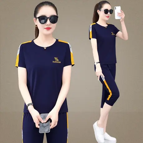 短袖休闲运动服套装女2023夏季新款洋气减龄中年妈妈七分裤两件套商品大图