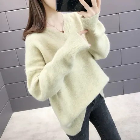 慵懒风宽松套头V领打底针织衫女装春秋新品牛油果绿网红毛衣外穿图片