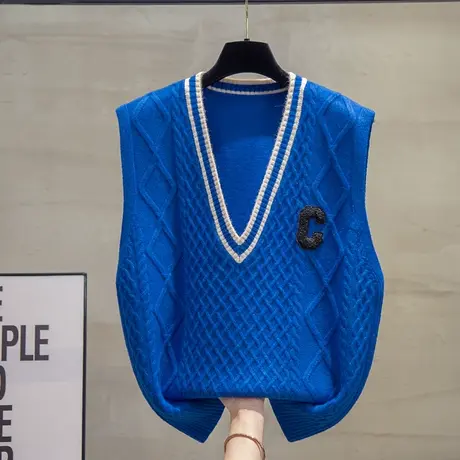 麻花v领针织马甲背心女2023春秋新款宽松马夹外穿上衣毛衣坎肩潮商品大图