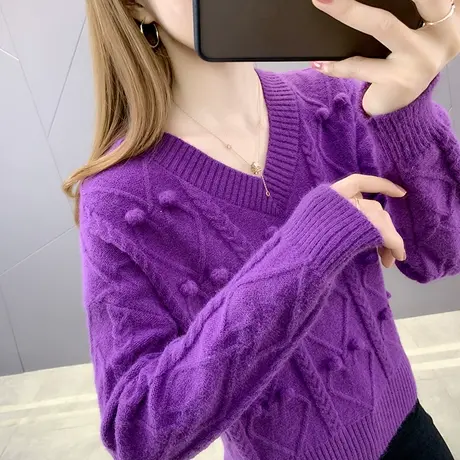 毛衣女加厚秋冬2023新款慵懒风宽松v领上衣外搭针织打底衫春秋款图片