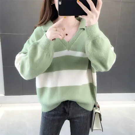 条纹温柔风秋装新款韩版宽松套头毛衣女装秋冬洋气上衣针织衫森系商品大图