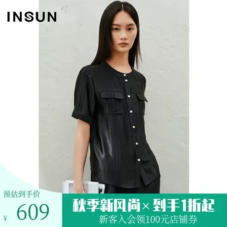 恩裳2023夏款新款质感奢雅舒爽醋酸上衣简约圆领贴袋衬衫图片