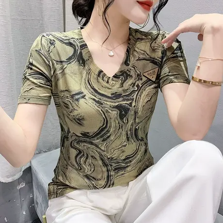 2023夏季新款时尚扎染T恤女短袖性感V领小衫别致半袖显瘦修身上衣商品大图