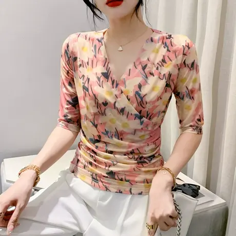 性感交叉V领T恤女短袖2023夏装新款复古印花网纱上衣收腰百搭小衫商品大图