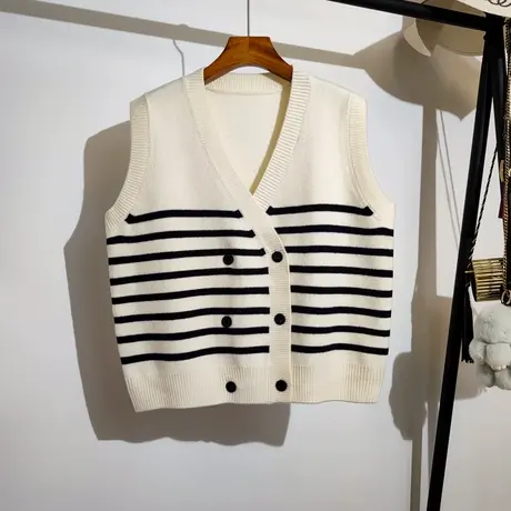 双排扣针织马甲开衫女秋冬新款v领宽松无袖条纹毛衣背心坎肩外套商品大图