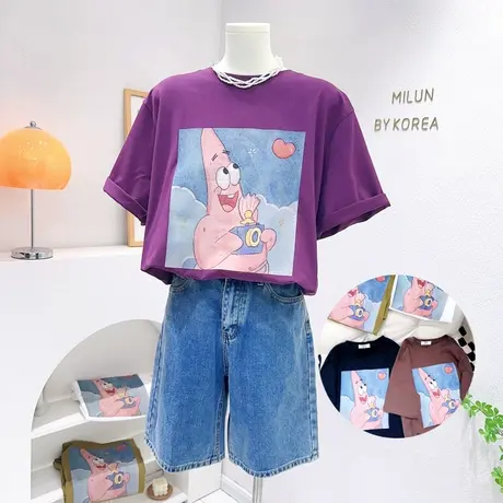 韩国东大门紫色短袖2023春夏款原宿港风卡通半袖T恤宽松遮臀欧货商品大图