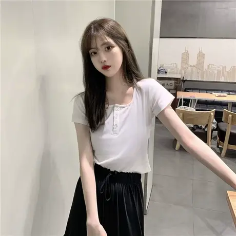 2023新款夏季网红泫雅风短款上衣修身显瘦纯色方领短袖T恤女ins潮商品大图