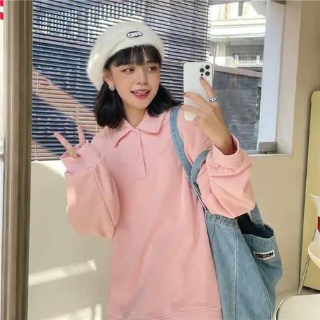 红续盐系少女新款韩版翻领polo领宽松薄款卫衣学院风上衣ulzzang图片