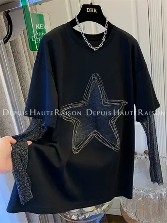 水钻褶皱星星短袖T恤上衣女拼接网纱袖子假两件宽松百搭2023夏装商品大图
