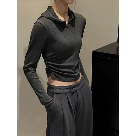 辣妹修身纯欲短款T恤女2023秋季修身连帽半拉链长袖打底衫上衣服商品大图
