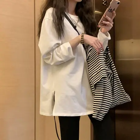 ins超火长袖t恤女春秋2021年新款百搭开叉上衣外穿宽松秋衣打底衫商品大图