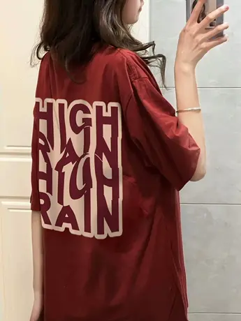 小个子短袖t恤女夏季酒红色美式复古潮牌原创设计感宽松半袖上衣商品大图