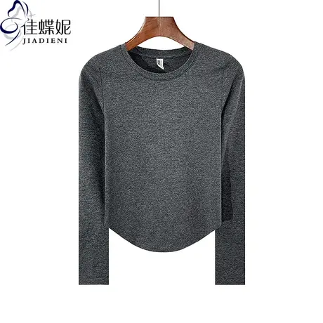 秋冬新款圆领修身显瘦纯棉纯欲圆弧纯色短款长袖体恤上衣女打底衫商品大图