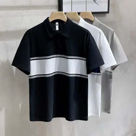 2023夏季美式新款男士短袖polo衫日系休闲宽松条纹翻领T恤半袖潮商品大图