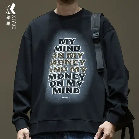 希越360g重磅双面棉渐变字母卫衣男秋季宽松大码印花水洗套头上衣商品大图