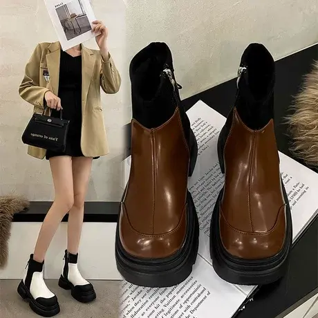 马丁靴女春秋黑色侧拉链短筒厚底四季增高靴子增高2023年新款短靴商品大图