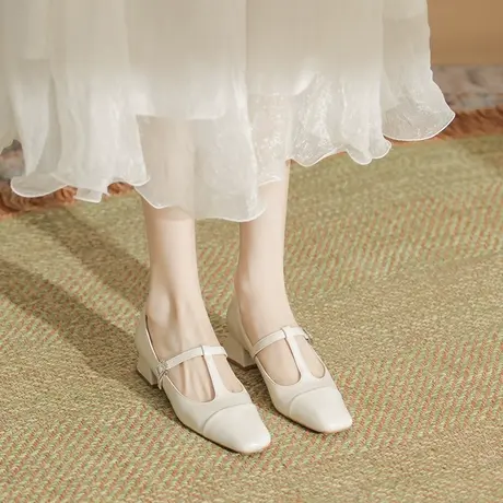 包头凉鞋2023夏季新款一字式带小众设计感气质纯色尖头粗跟高跟鞋商品大图