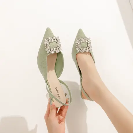 方扣水钻尖头凉鞋女细跟2022年夏季新款法式一字带性感包头高跟鞋商品大图