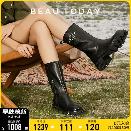 BeauToday高筒靴女靴秋季新款BT英伦风真皮水桶靴厚底长筒单靴子图片