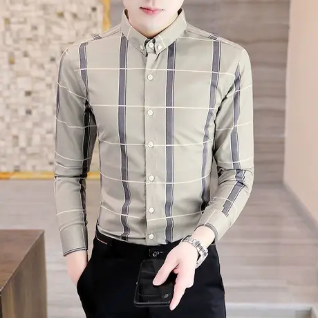 格子衬衫男士长袖潮流商务休闲衬衣春秋季韩版帅气时尚寸衫夏装短商品大图