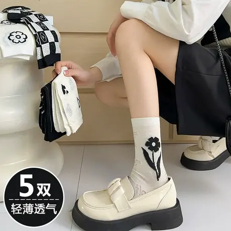 黑色白色袜子女春夏薄款透气花朵棉袜搭配凉鞋皮鞋小白鞋穿的娃子商品大图