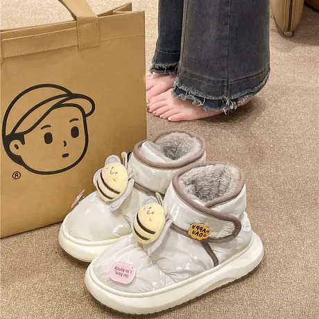 羽绒防水棉鞋女冬季外穿可爱小蜜蜂加绒魔术贴保暖厚底防滑雪地靴商品大图