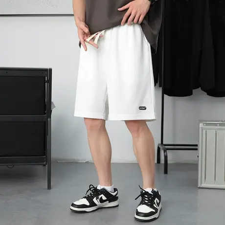 白色休闲短裤男夏季冰丝薄款五分中裤港风简约宽松直筒运动裤子男商品大图