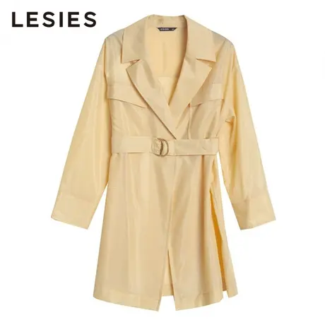 蓝色倾情春秋女装线下专柜 鹅黄光泽感面料收腰长袖轻薄风衣图片