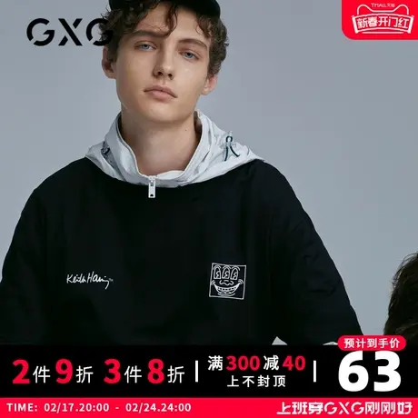 【新款】GXG男装 夏季黑色印花潮流短袖T恤男士GB144553C图片