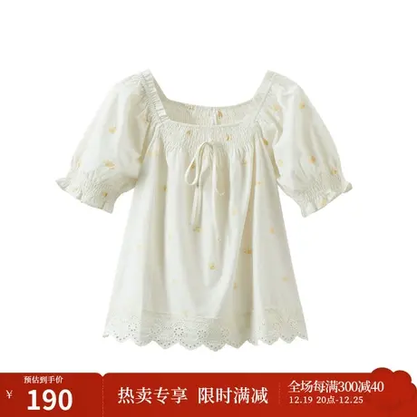 【商场同款】茵曼田园衬衣2023夏女装新款刺绣花方领泡泡袖上衣图片