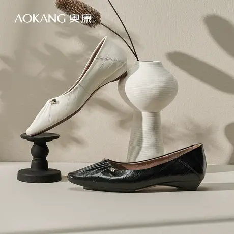 【门店发货】奥康女鞋 春新款法式真皮褶皱浅口尖头女单鞋图片