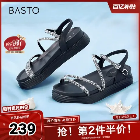 百思图春夏季新款商场同款简约复古罗马凉厚底女凉鞋UCS01BL4图片