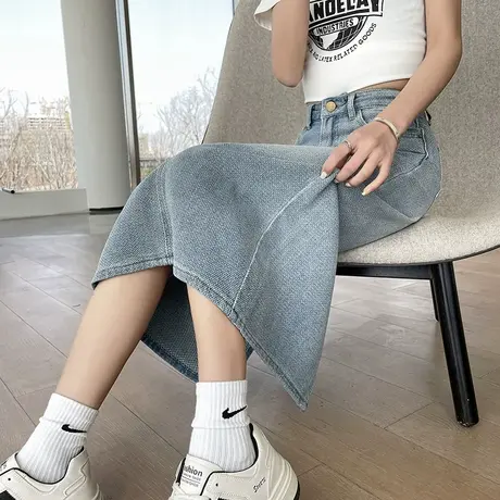 浅蓝色牛仔包臀裙女春夏2025新款高腰宽松遮跨显瘦开叉辣妹A字裙图片