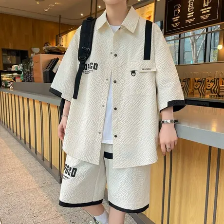 七分袖衬衫套装男夏季肌理感短袖短裤两件套男装衬衣休闲一套衣服图片
