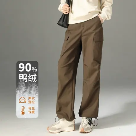 加厚羽绒裤女2024冬季新款阔腿工装裤小个子高腰束脚休闲加绒裤子图片