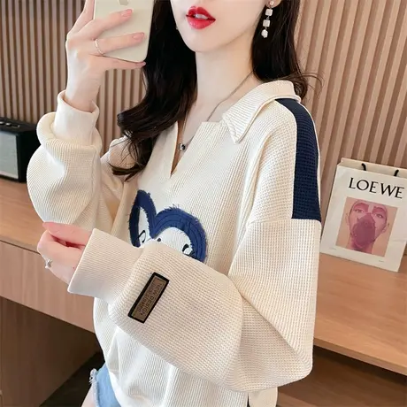 娃娃领卫衣女秋冬季韩版宽松大码加绒加厚小个子华夫格上衣外套潮商品大图