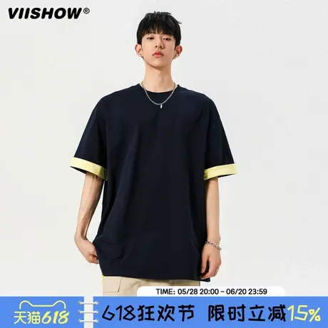 VIISHOW美式拼接条纹t恤男夏季潮牌宽松圆领短袖复古休闲半袖上衣商品大图