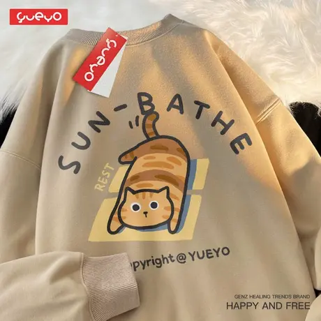 悦游「sunbathe」橘猫日光浴原创圆领套头卫衣趣味潮流小众加绒男图片