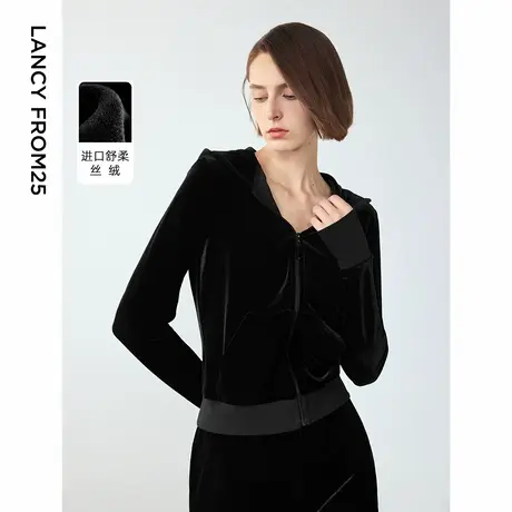 朗姿复古运动风丝绒连帽冬季上衣高级感修身卫衣短外套2024年新款图片
