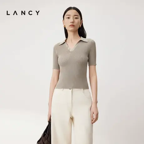 LANCY/朗姿2024夏季米色气质翻领针织衫短袖套头polo领修身上衣女商品大图