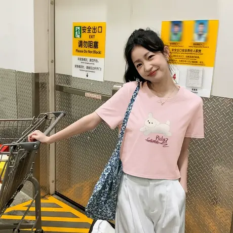 唐狮甜辣黑色上衣女新款短袖T恤女夏季小个子正肩体恤百搭商品大图