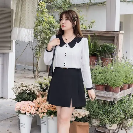 2023年秋装新款花瓣领直筒气质减龄雪纺衫白色上衣女大码显瘦胖MM商品大图