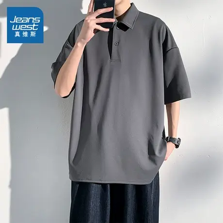 LE真维斯男装2025春季新款 时尚潮流简约纯色短袖宽松学生POLO衫商品大图