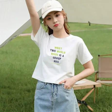 短款短袖正肩t恤女装夏季2025新款爆款ins小个子洋气简约白色上衣图片