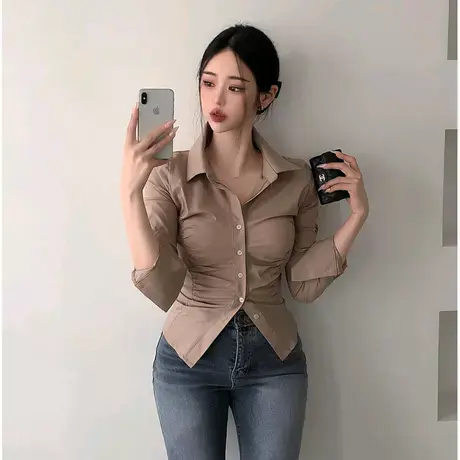 现货~Onoev新款褶皱翻领收腰长袖衬衫性感女人味商品大图