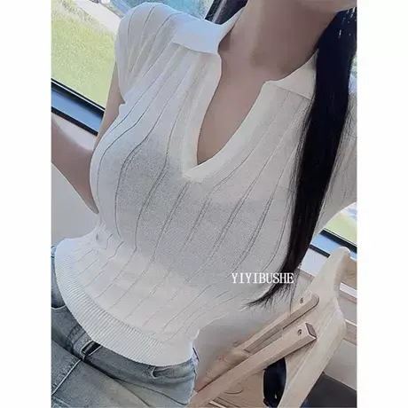 OnoevLM197美式甜辣风~性感翻领紧身短袖针织T恤上衣bm商品大图