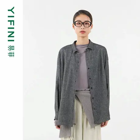 [专柜同款]Yifini/易菲时尚通勤文艺小翻领宽松衬衫天丝麻棉外套商品大图