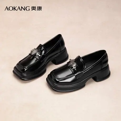 奥康女鞋新款时尚爱心金属装饰舒适透气方头乐福鞋商品大图