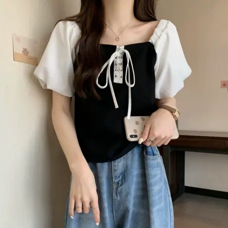 复古法式方领短袖衬衫女夏季新款修身百搭设计感小众别致短款上衣图片