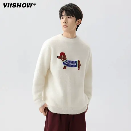 VIISHOW卡通腊肠狗提花圆领套头毛衣男女仿马海毛休闲宽松上衣潮商品大图